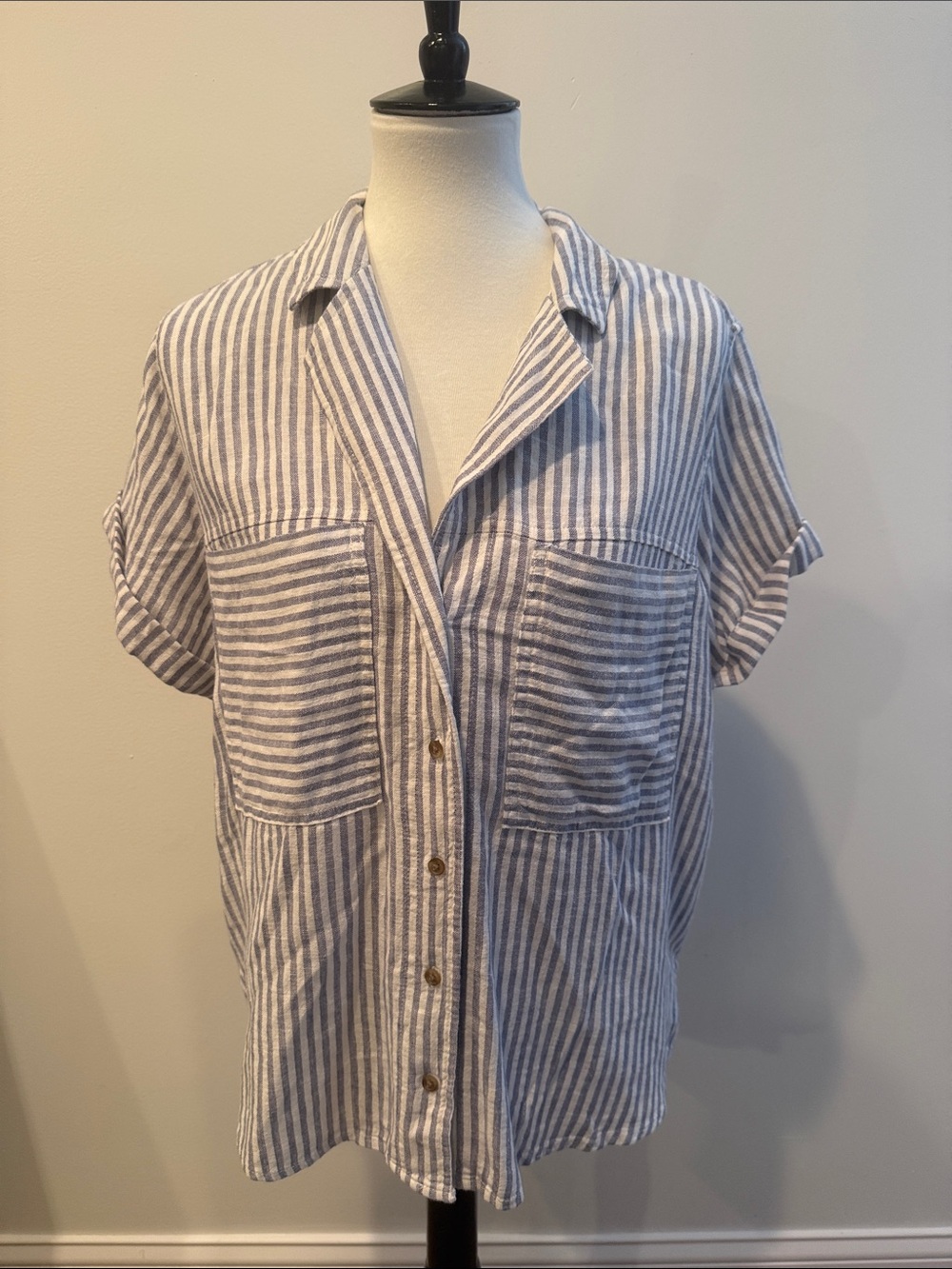 Striped Short-Sleeve Button Front Camp Shirt - Blue and White